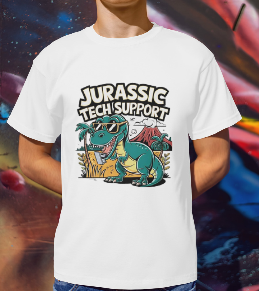 Jurassic Tech Support Dinosaur With Sunglasses And Volcano T-Shirt