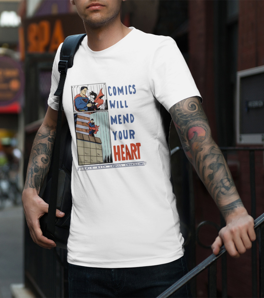 Comics Will Mend Your Heart Comic Book Couples Counseling Iconic Characters Embrace T-Shirt