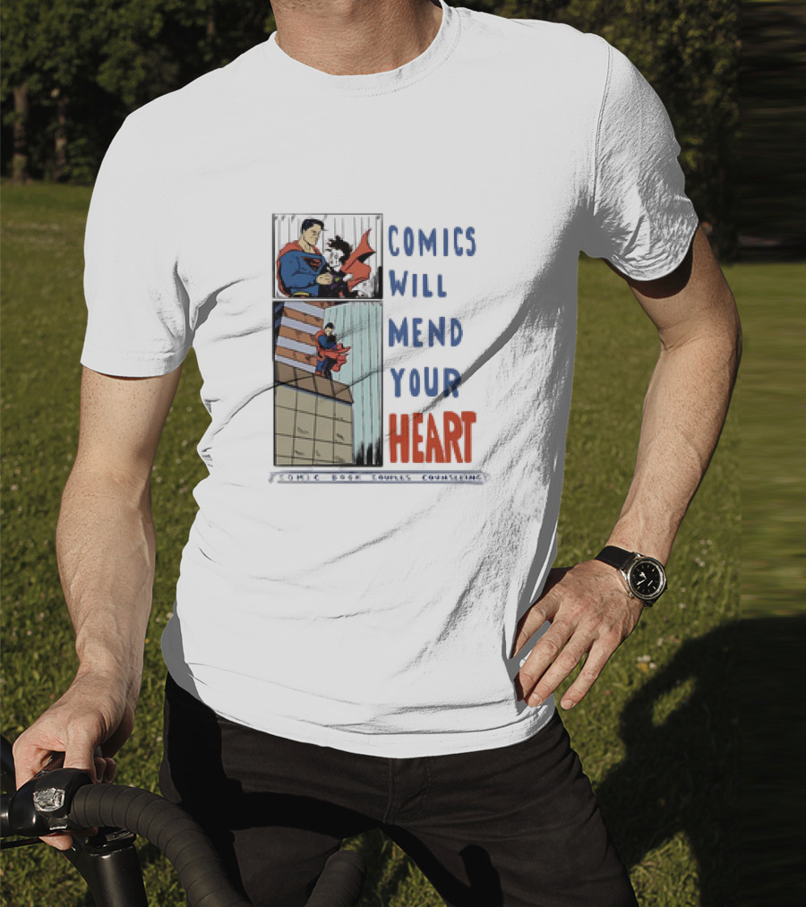 Comics Will Mend Your Heart Comic Book Couples Counseling Iconic Characters Embrace T-Shirt