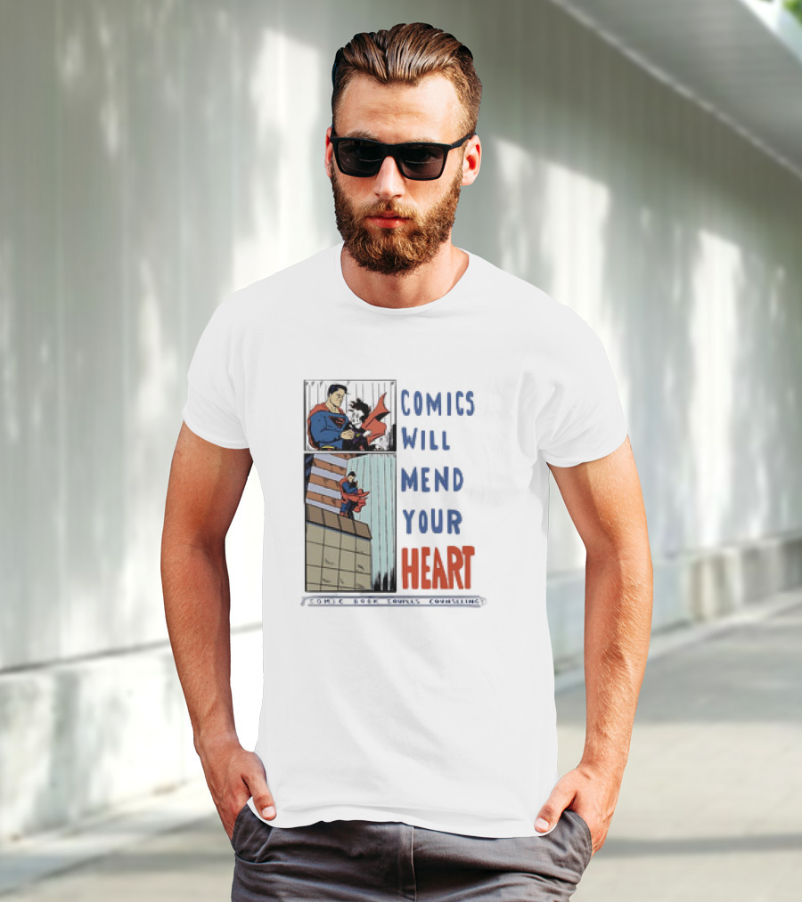 Comics Will Mend Your Heart Comic Book Couples Counseling Iconic Characters Embrace T-Shirt