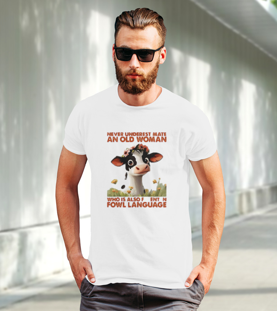 Never Underestimate An Old Woman Fluent In Fowl Language With Cow And Flowers T-Shirt