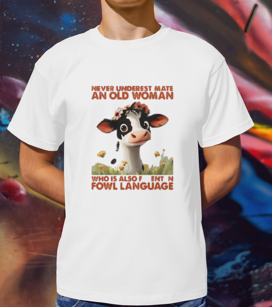 Never Underestimate An Old Woman Fluent In Fowl Language With Cow And Flowers T-Shirt