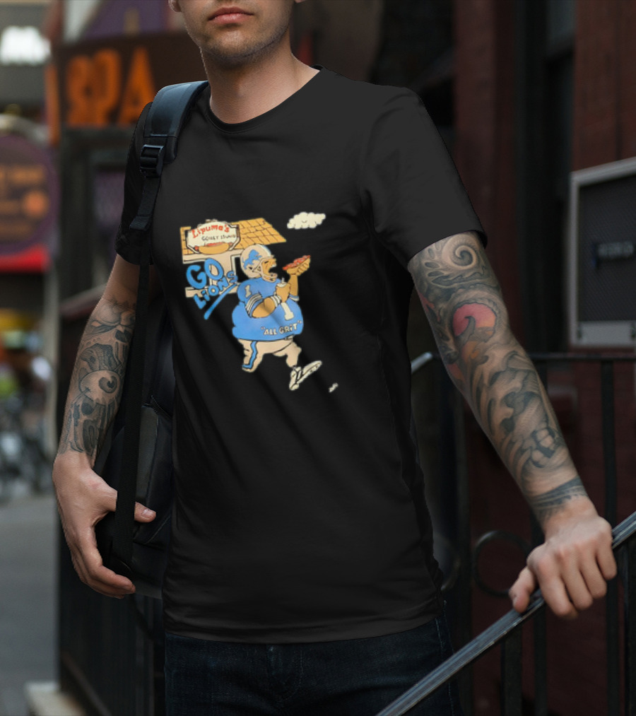 Lipuma’s Coney Island Go Lions All Grit Detroit Lions Football Player Eating Hot Dog T-Shirt