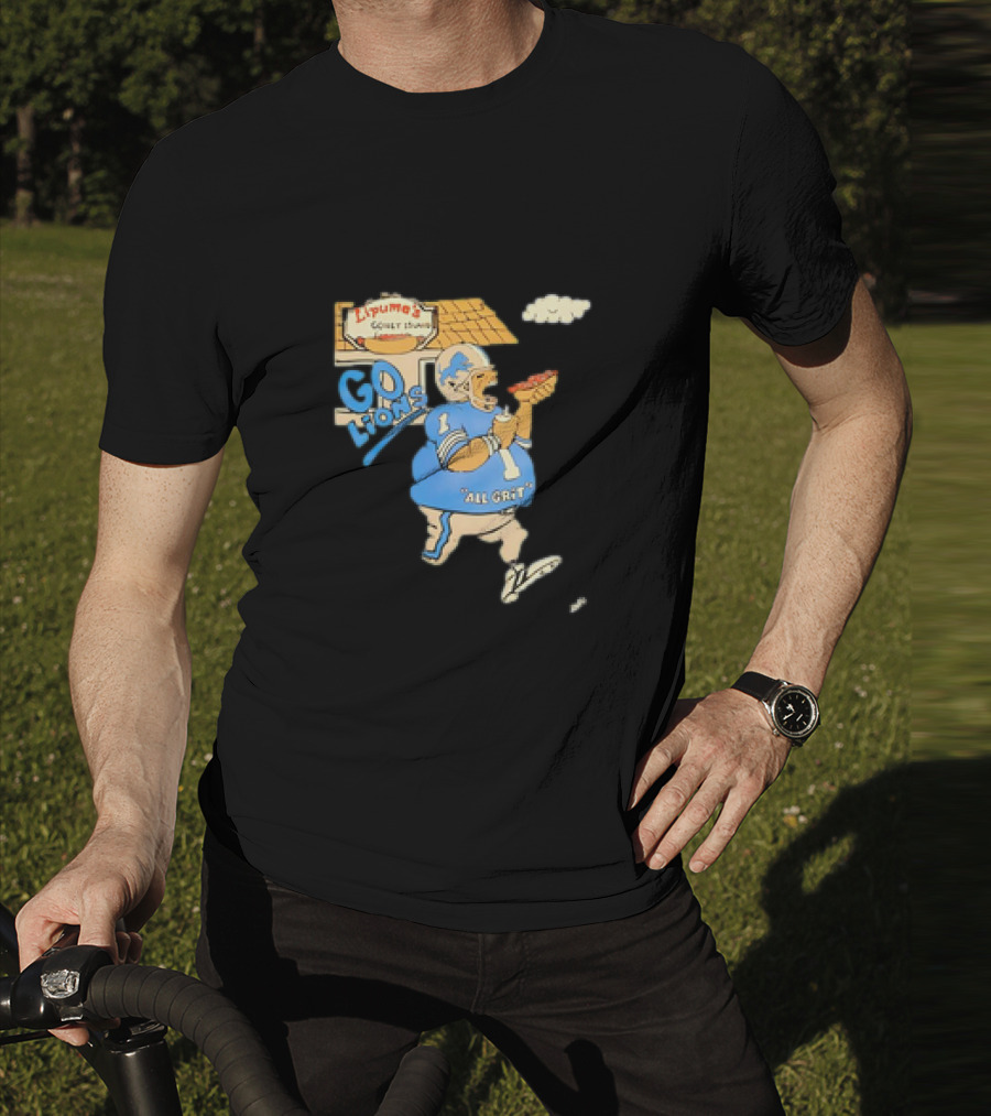 Lipuma’s Coney Island Go Lions All Grit Detroit Lions Football Player Eating Hot Dog T-Shirt