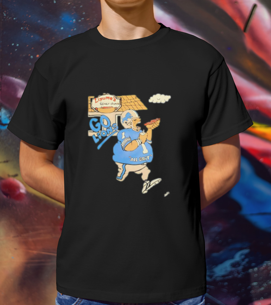 Lipuma’s Coney Island Go Lions All Grit Detroit Lions Football Player Eating Hot Dog T-Shirt