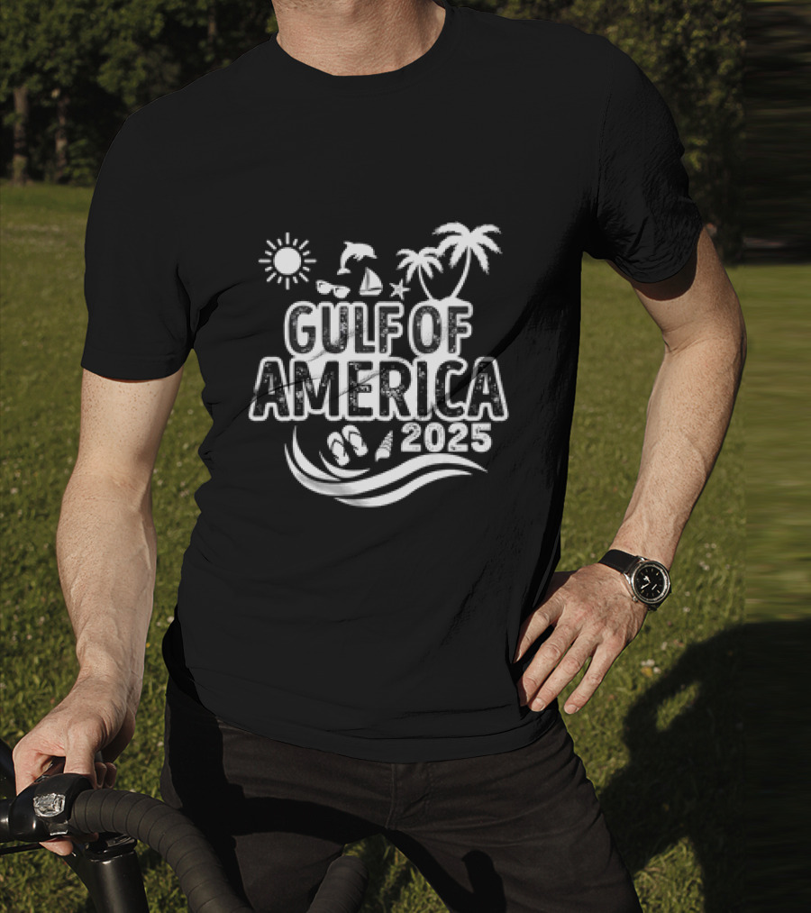 Gulf Of America 2025 Sun Palm Trees Dolphin Sailboat Sandals Waves T-Shirt