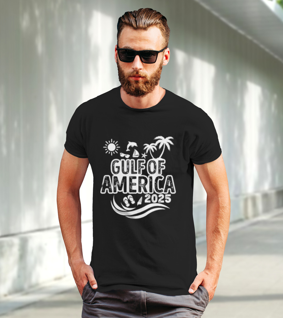 Gulf Of America 2025 Sun Palm Trees Dolphin Sailboat Sandals Waves T-Shirt