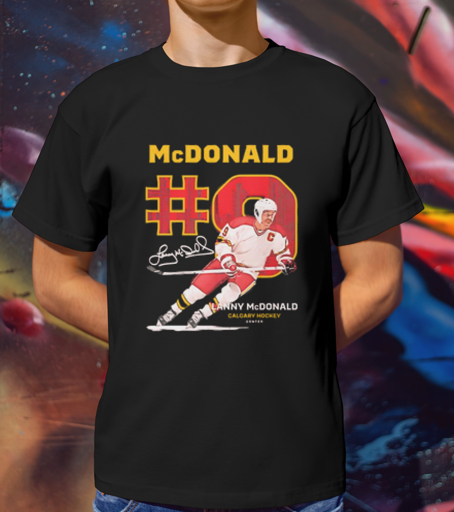 Lanny McDonald #9 Calgary Flames NHL Hockey Throwback Vintage Signature T-Shirt
