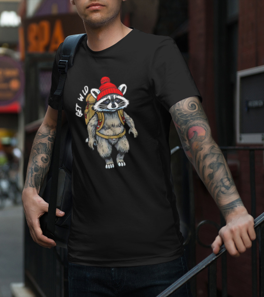 Get Wld Raccoon With Backpack And Red Beanie T-Shirt