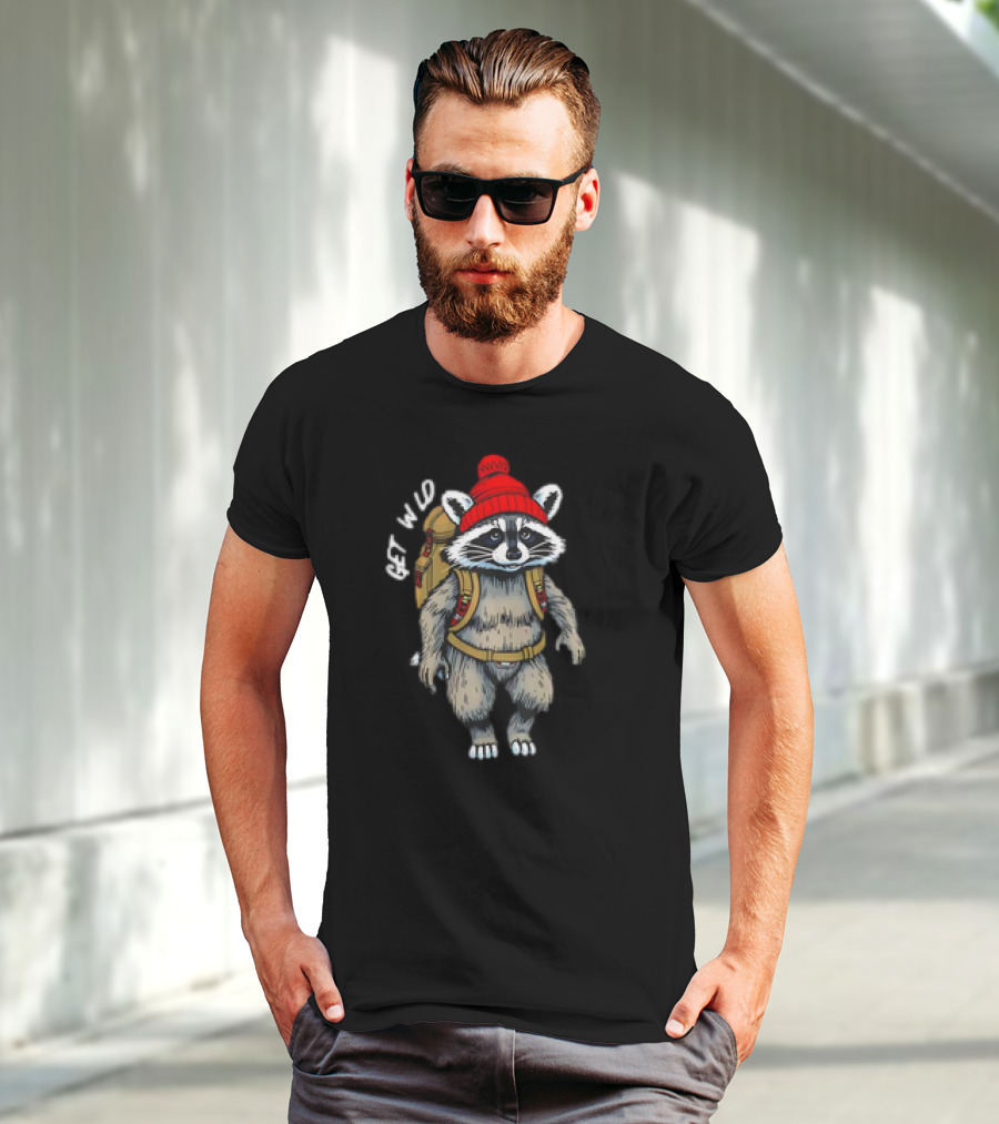 Get Wld Raccoon With Backpack And Red Beanie T-Shirt