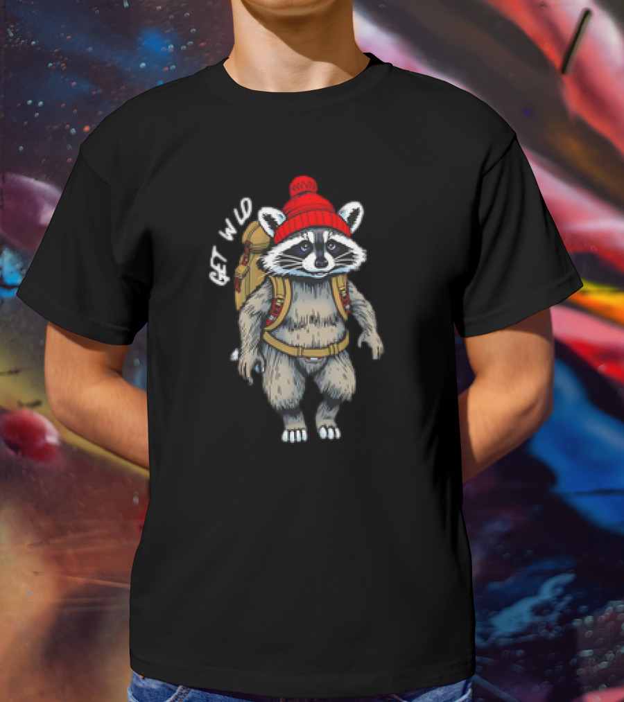 Get Wld Raccoon With Backpack And Red Beanie T-Shirt