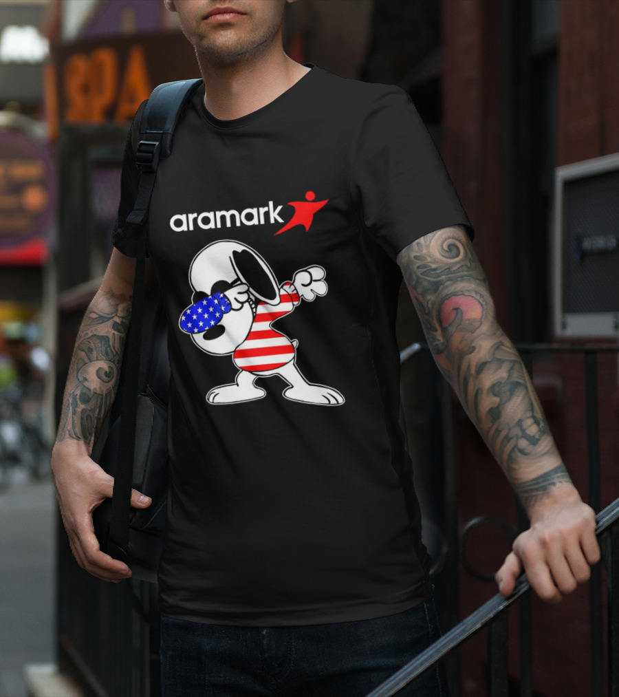 Aramark Snoopy Dabbing American Flag Red White Blue Character T-Shirt