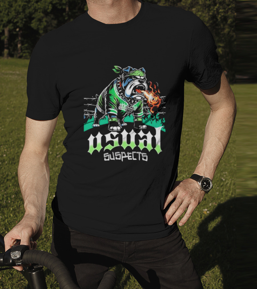 Usual Suspects Bulldog With Fiery Breath And Green Bandana T-Shirt