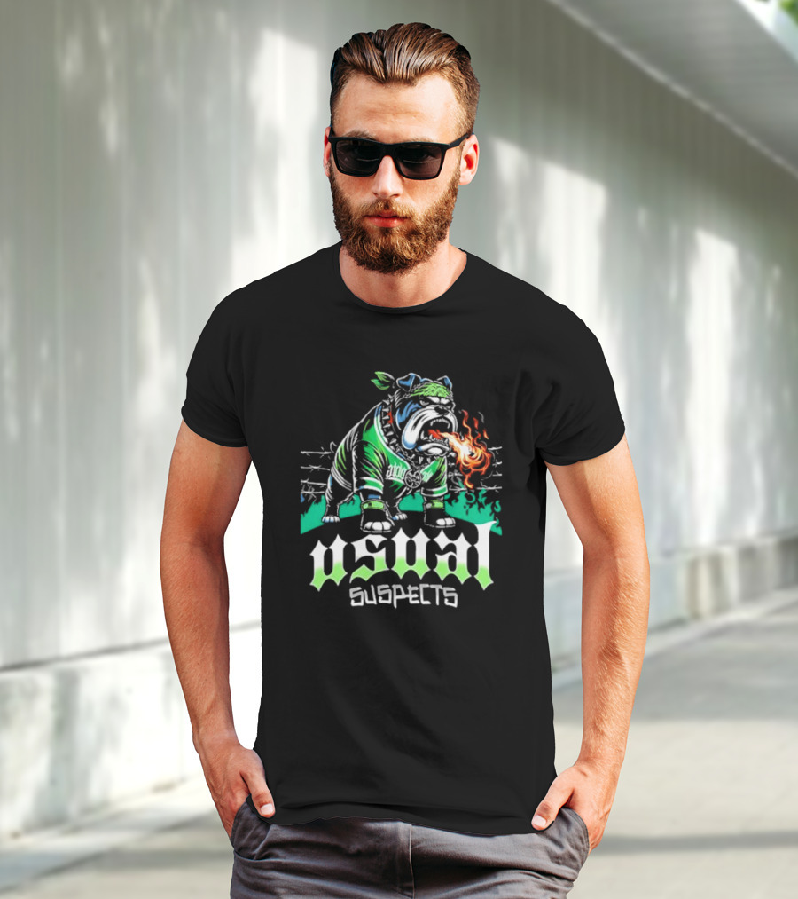 Usual Suspects Bulldog With Fiery Breath And Green Bandana T-Shirt