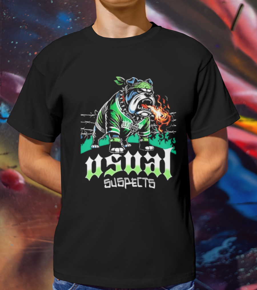 Usual Suspects Bulldog With Fiery Breath And Green Bandana T-Shirt