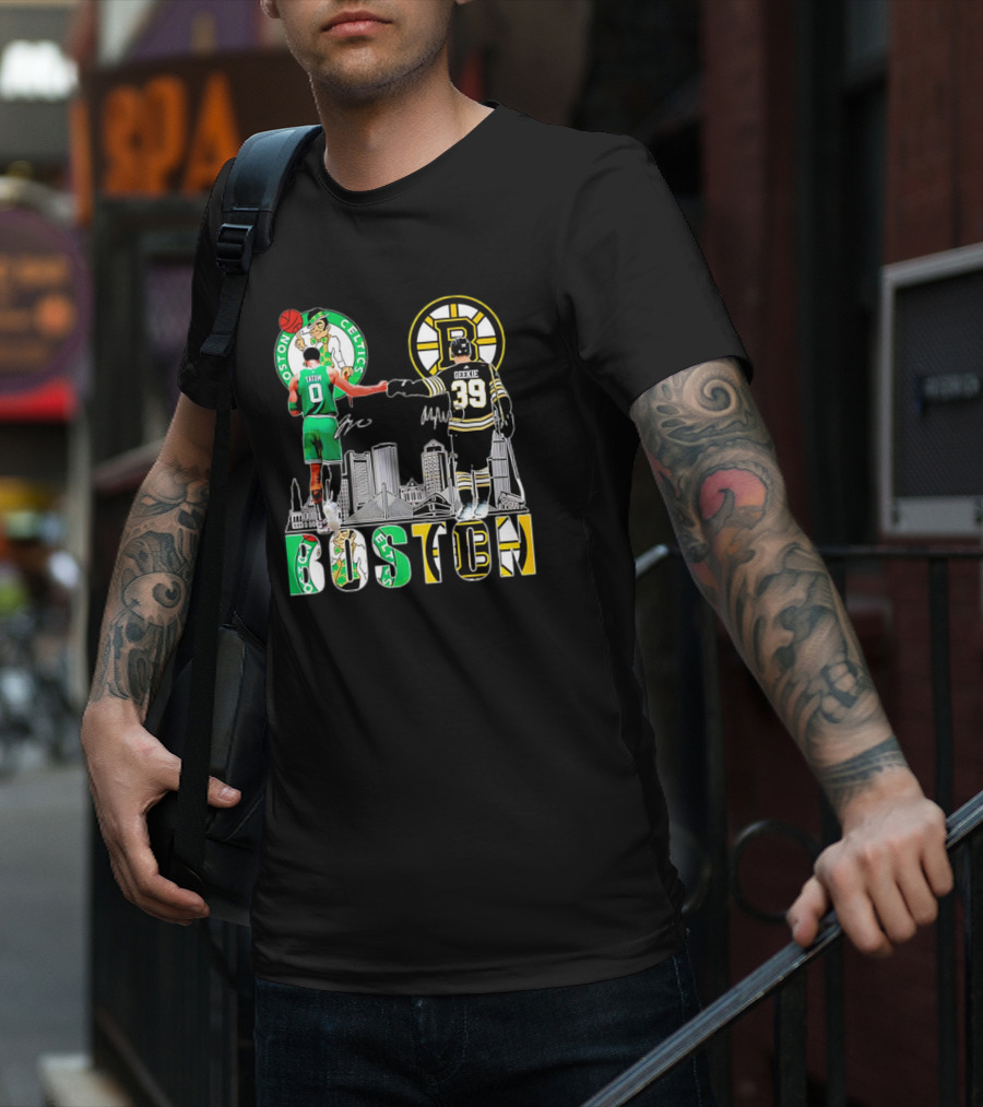Boston Celtics Jayson Tatum Boston Bruins Morgan Geekie Signatures Skyline T-Shirt