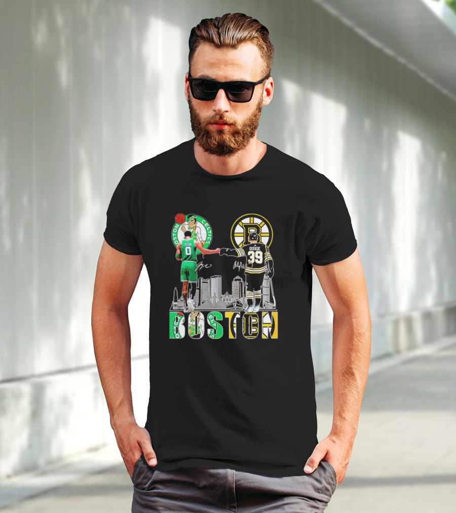 Boston Celtics Jayson Tatum Boston Bruins Morgan Geekie Signatures Skyline T-Shirt