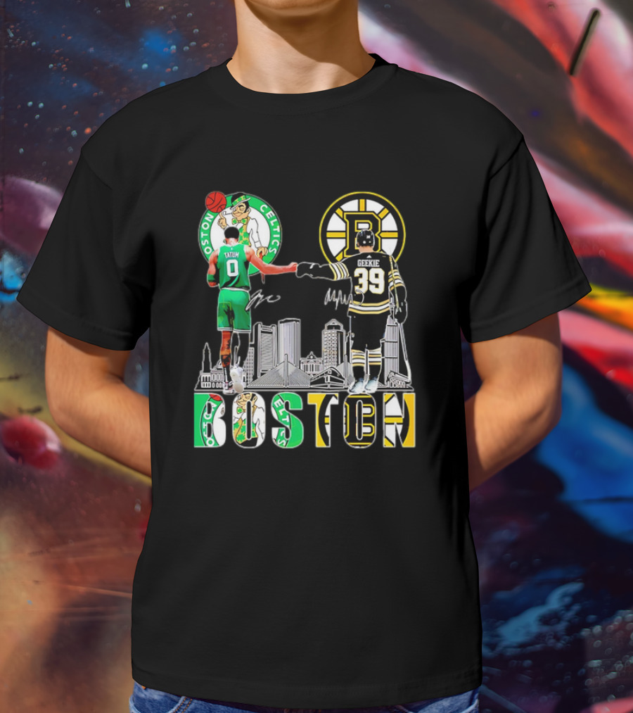 Boston Celtics Jayson Tatum Boston Bruins Morgan Geekie Signatures Skyline T-Shirt
