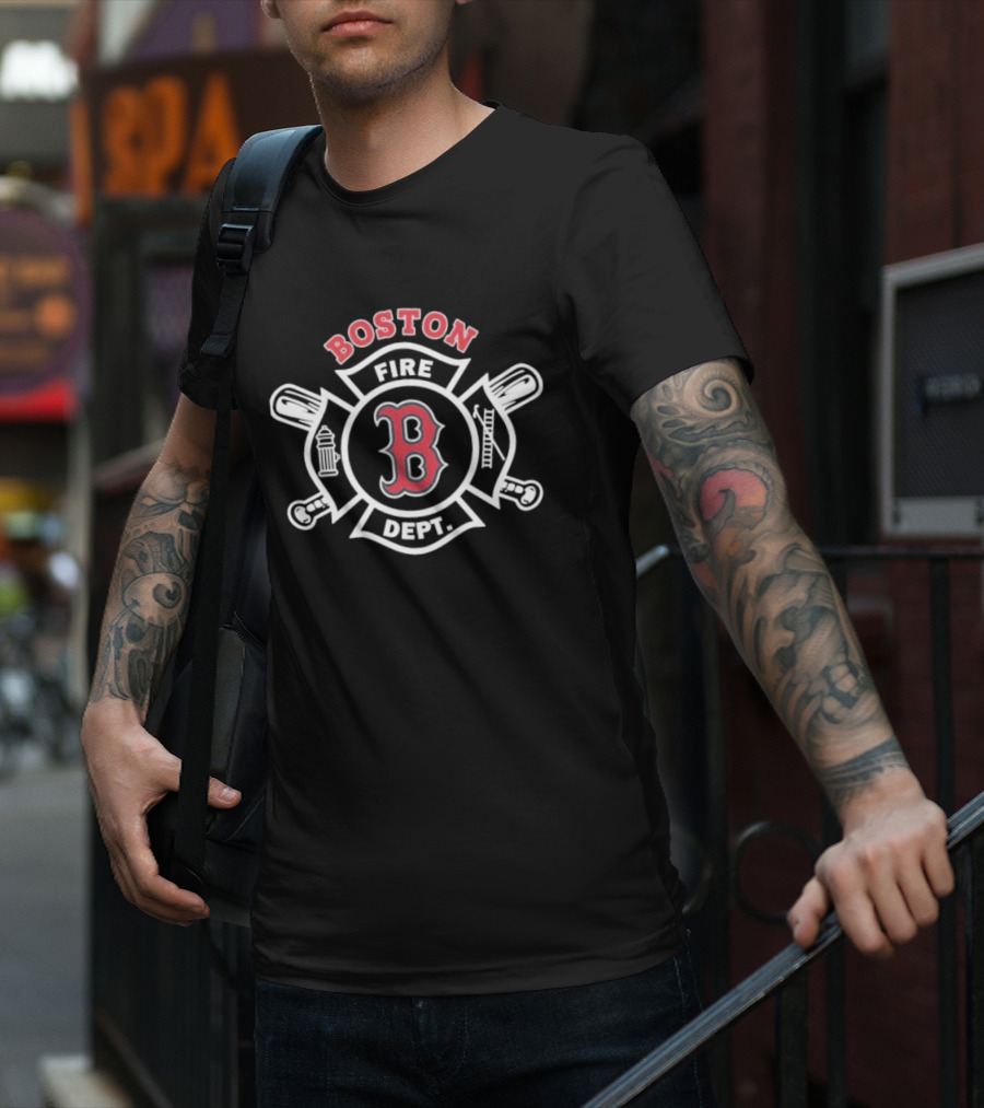 Boston Red Sox Fire Dept Firefighters B Logo Axes And Ladder T-Shirt