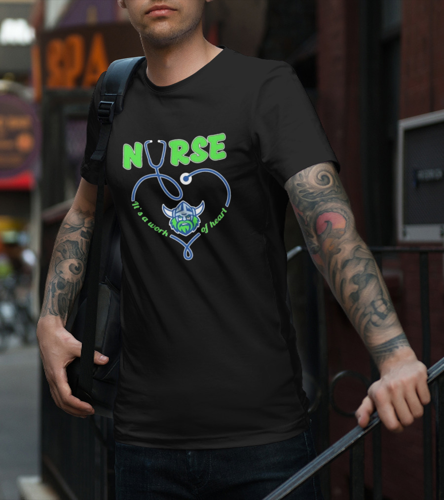 Nurse It's A Work Of Heart Canberra Raiders Stethoscope Viking Helmet T-Shirt