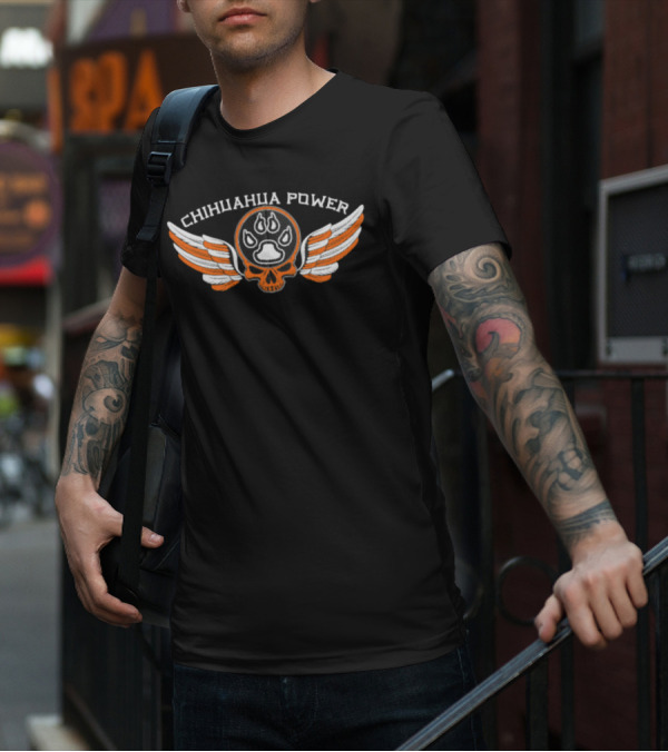 CHIHUAHUA POWER Skull With Flaming Paw Print And Winged Emblem T-Shirt