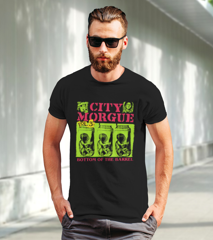 City Morgue Bottom Of The Barrel Green Neon Skeleton Illustrations T-Shirt