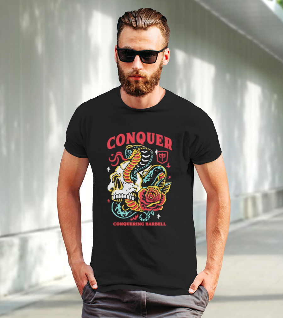 Conquer Skull Snake Rose Conquering Barbell T-Shirt