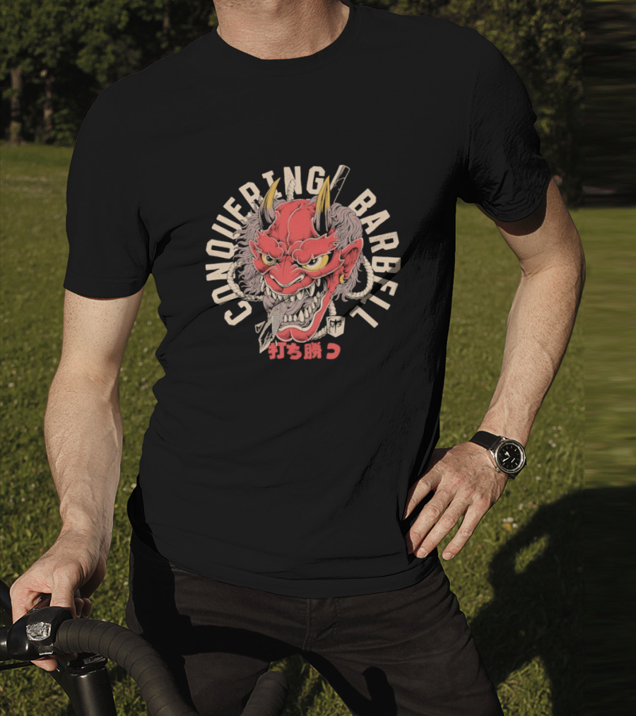 Conquering Barbell Oni Mask Japanese Text T-Shirt