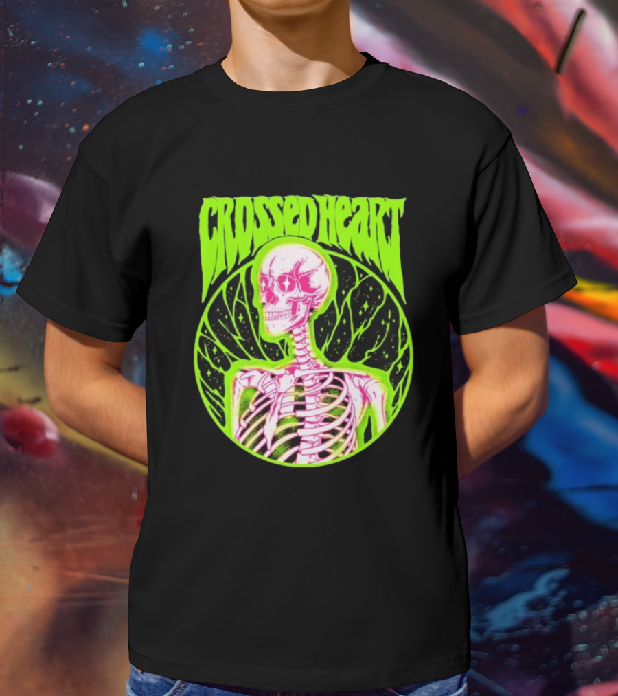 Crossed Heart Skeleton Neon Illustration T-Shirt