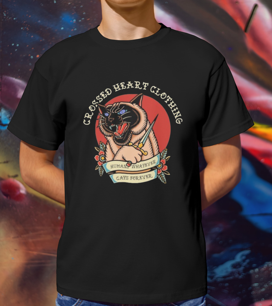 Crossed Heart Clothing Human Whatever Cats Forever Knife T-Shirt