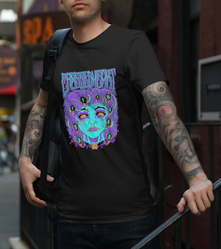 Crossed Heart Neon Medusa Snakes T-Shirt