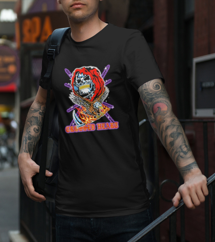 Crossed Heart No Mercy Skull Eagle Flames Chains T-Shirt