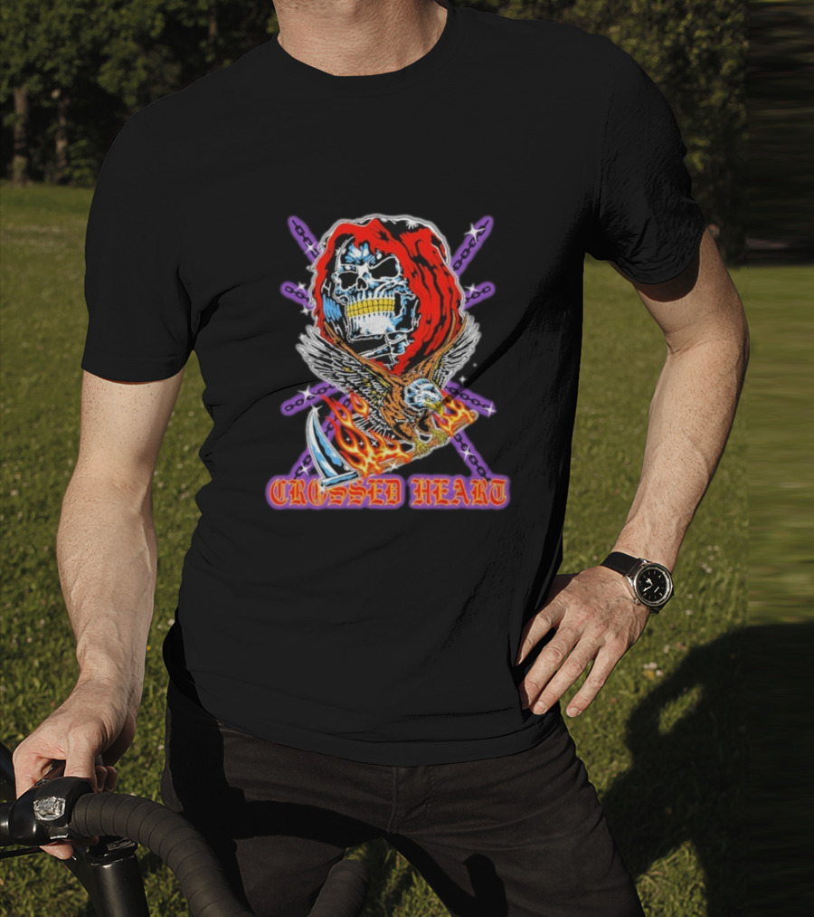 Crossed Heart No Mercy Skull Eagle Flames Chains T-Shirt