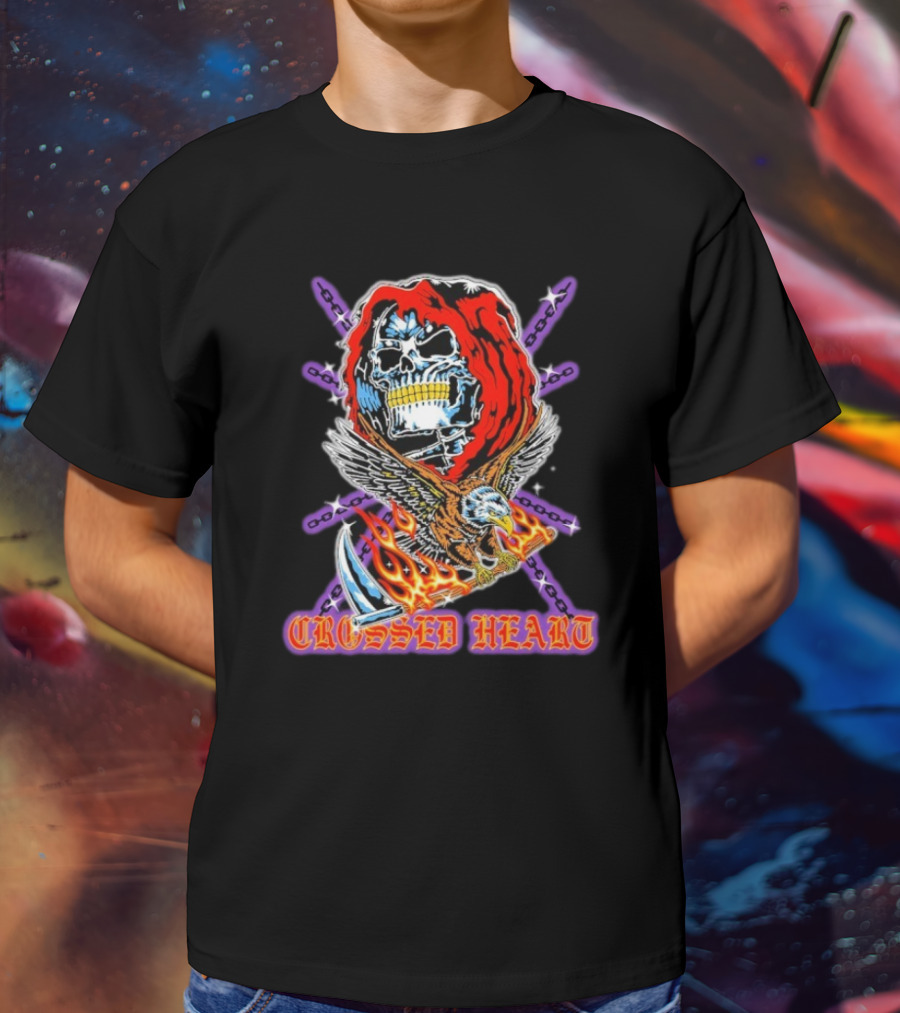Crossed Heart No Mercy Skull Eagle Flames Chains T-Shirt