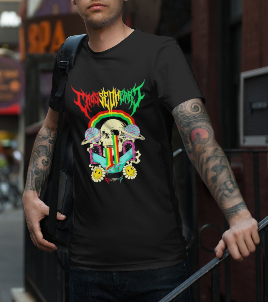 Crossed Heart Skull With Rainbow And Smiley Faces T-Shirt