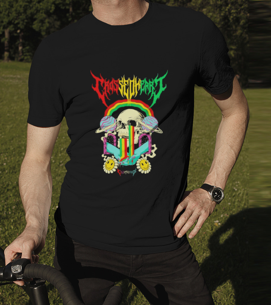 Crossed Heart Skull With Rainbow And Smiley Faces T-Shirt