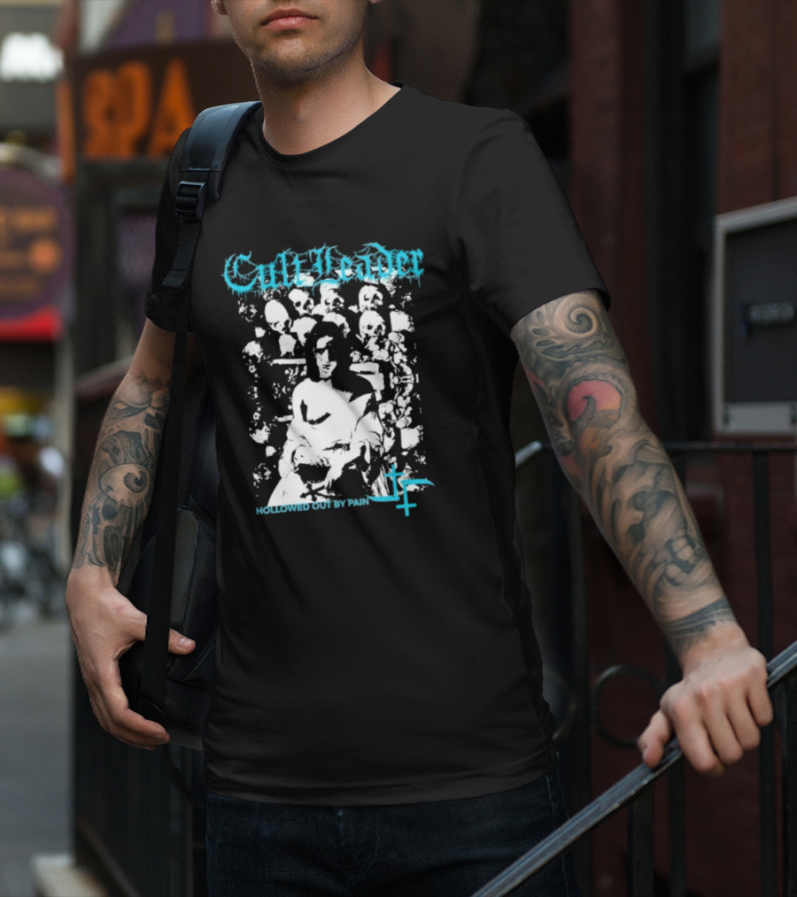 Cult Leader Hollowed Out By Pain Distorted Portrait With Inverted Cross Symbol T-Shirt