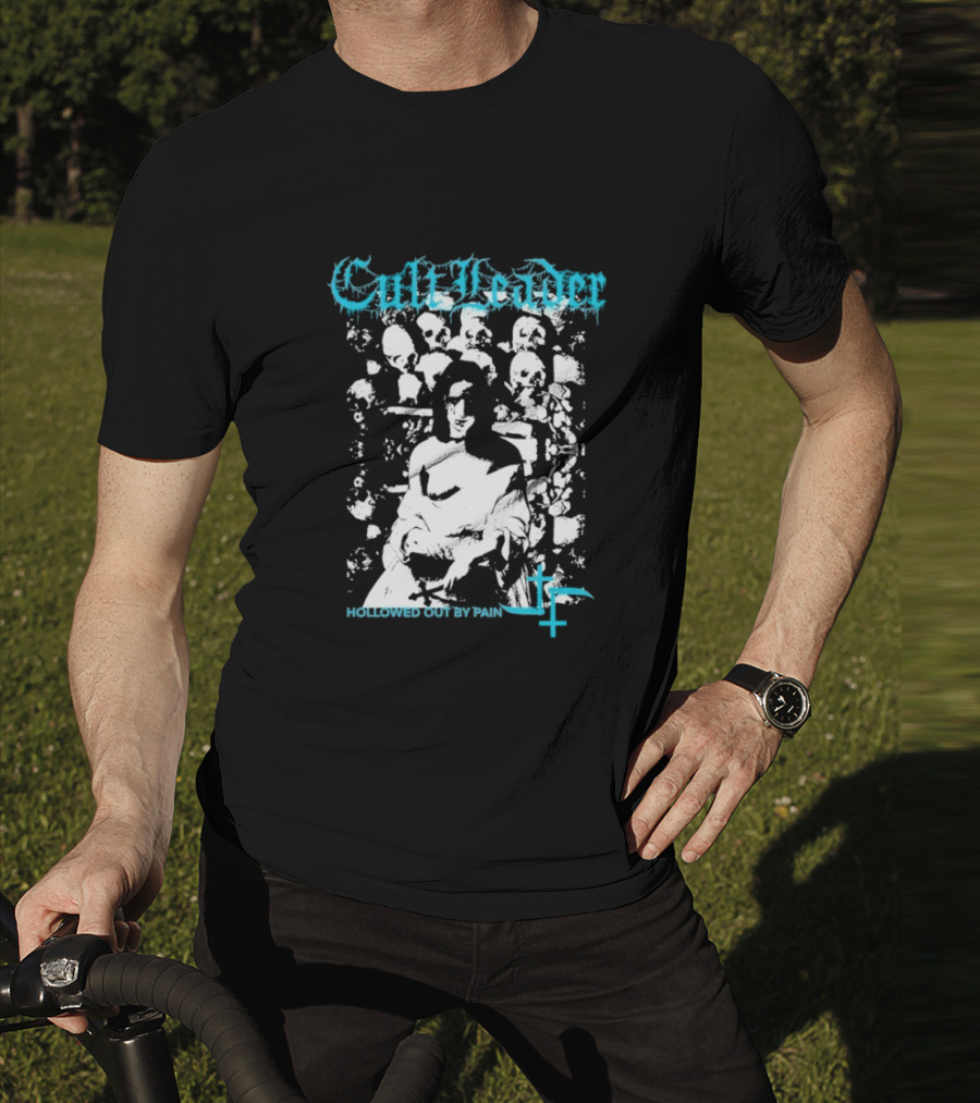 Cult Leader Hollowed Out By Pain Distorted Portrait With Inverted Cross Symbol T-Shirt