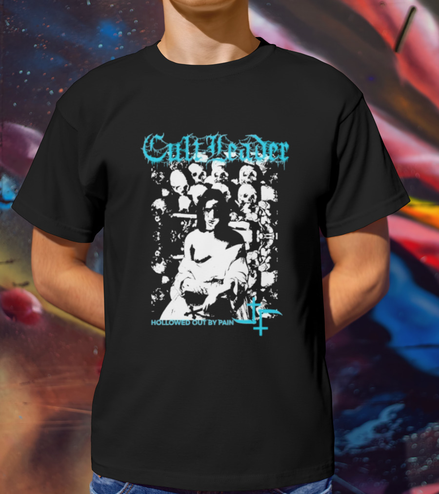 Cult Leader Hollowed Out By Pain Distorted Portrait With Inverted Cross Symbol T-Shirt
