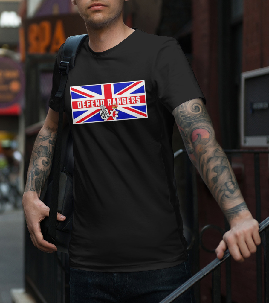 Defend Rangers Union Flag With FCRF Crest And Red Hand Of Ulster T-Shirt