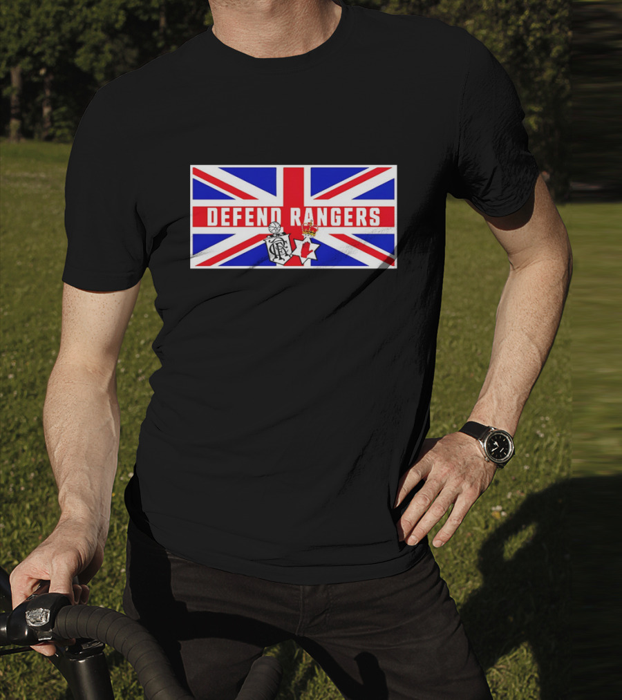 Defend Rangers Union Flag With FCRF Crest And Red Hand Of Ulster T-Shirt