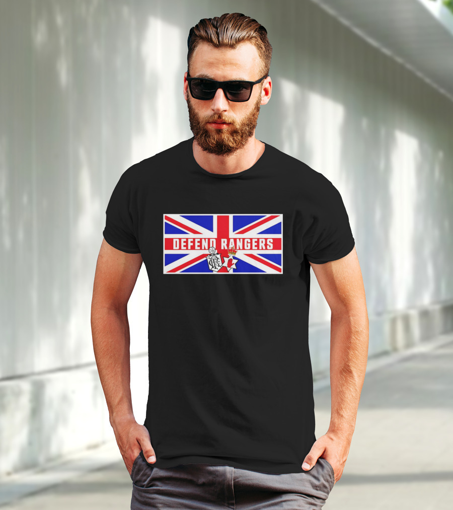 Defend Rangers Union Flag With FCRF Crest And Red Hand Of Ulster T-Shirt