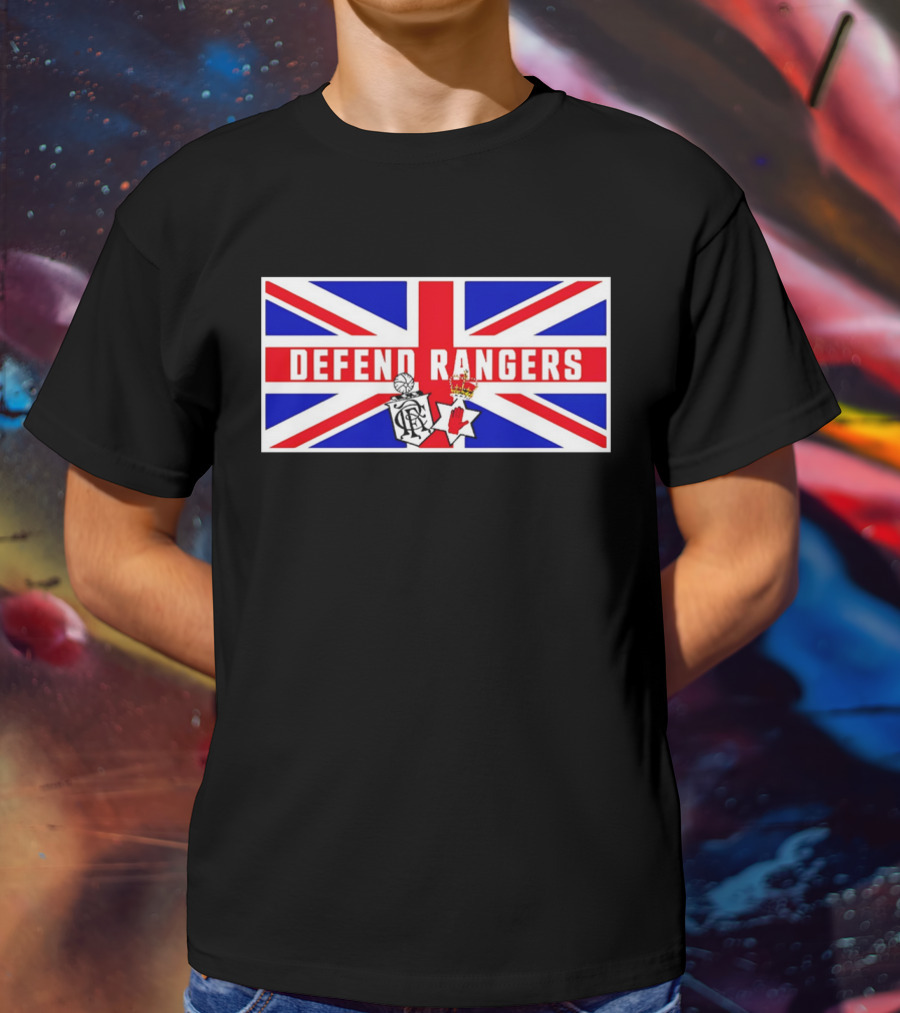 Defend Rangers Union Flag With FCRF Crest And Red Hand Of Ulster T-Shirt