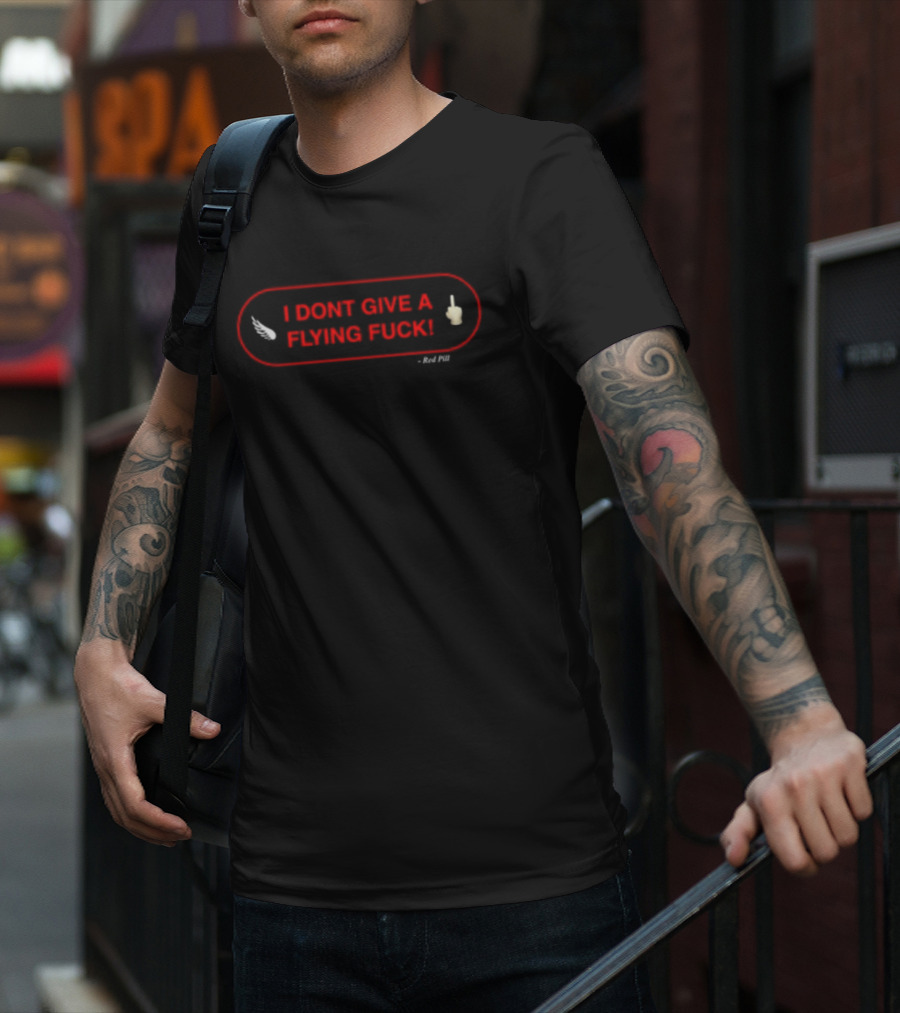 I DON'T GIVE A FLYING FUCK Red Oval With White Feather And Middle Finger T-Shirt