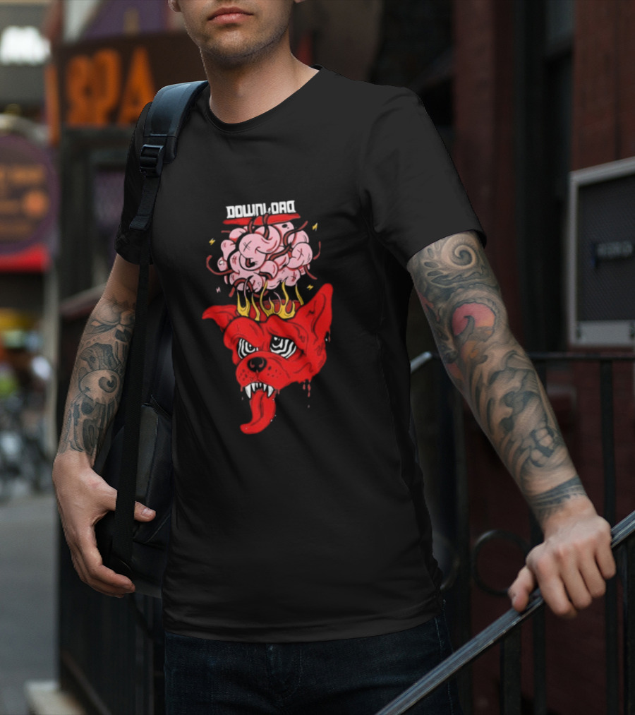 Download Festival Brain Explosion Red Dog Flames Quirky Cartoon Style T-Shirt