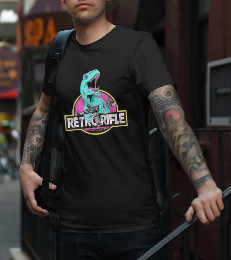 Retro Rifle Dinosaur Holding Gun Vintage Style T-Shirt