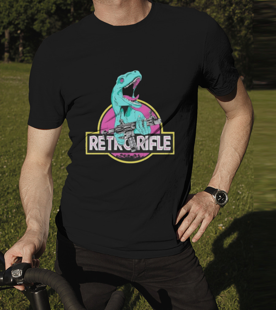 Retro Rifle Dinosaur Holding Gun Vintage Style T-Shirt