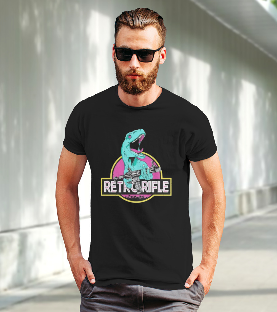 Retro Rifle Dinosaur Holding Gun Vintage Style T-Shirt
