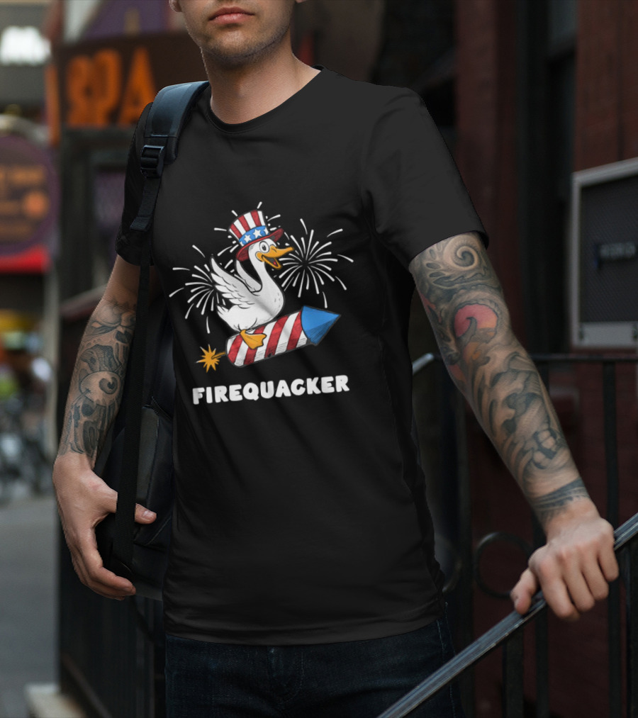 Firequacker Patriotic Duck With Rocket And Fireworks T-Shirt