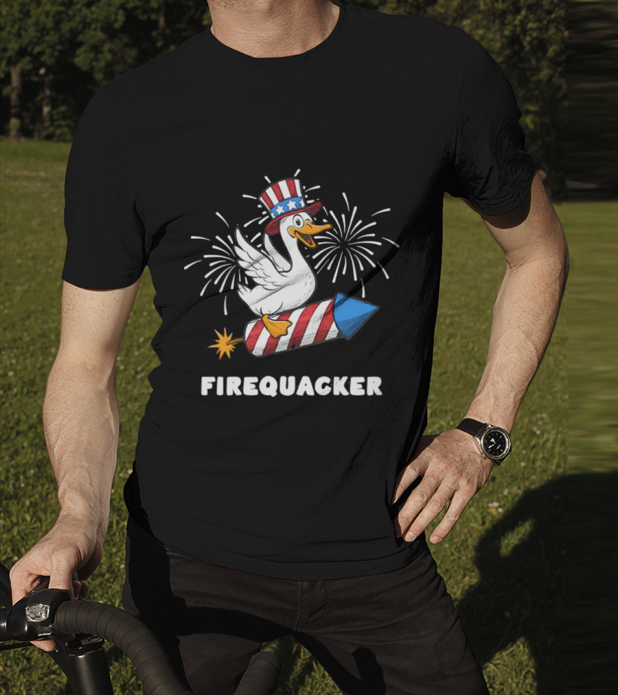 Firequacker Patriotic Duck With Rocket And Fireworks T-Shirt